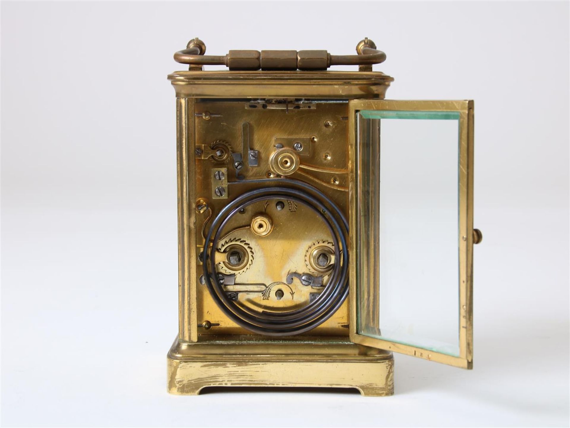 Gilt brass travel clock with enamel dial with Roman numerals and alarm clock with Arabic numerals, - Image 5 of 6