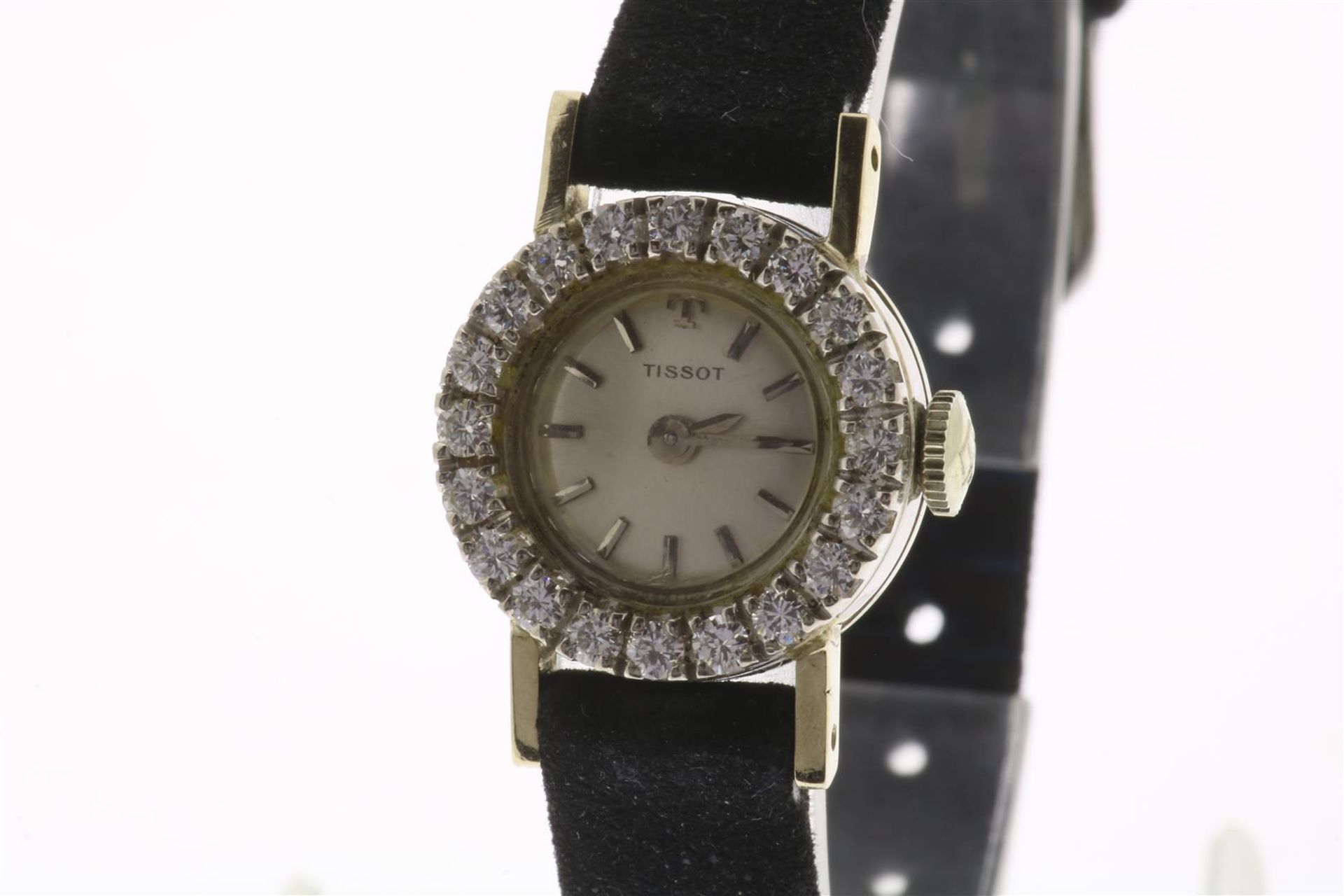 White gold women's wristwatch on a velvet leather strap, case set with brilliant-cut diamonds,