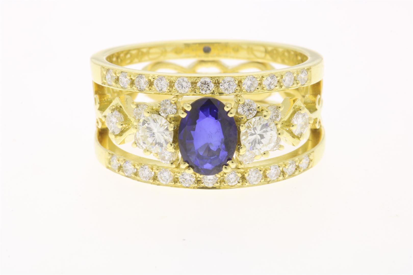 Yellow gold band ring with harp motif set with sapphire and diamond, brilliant cut, approximately