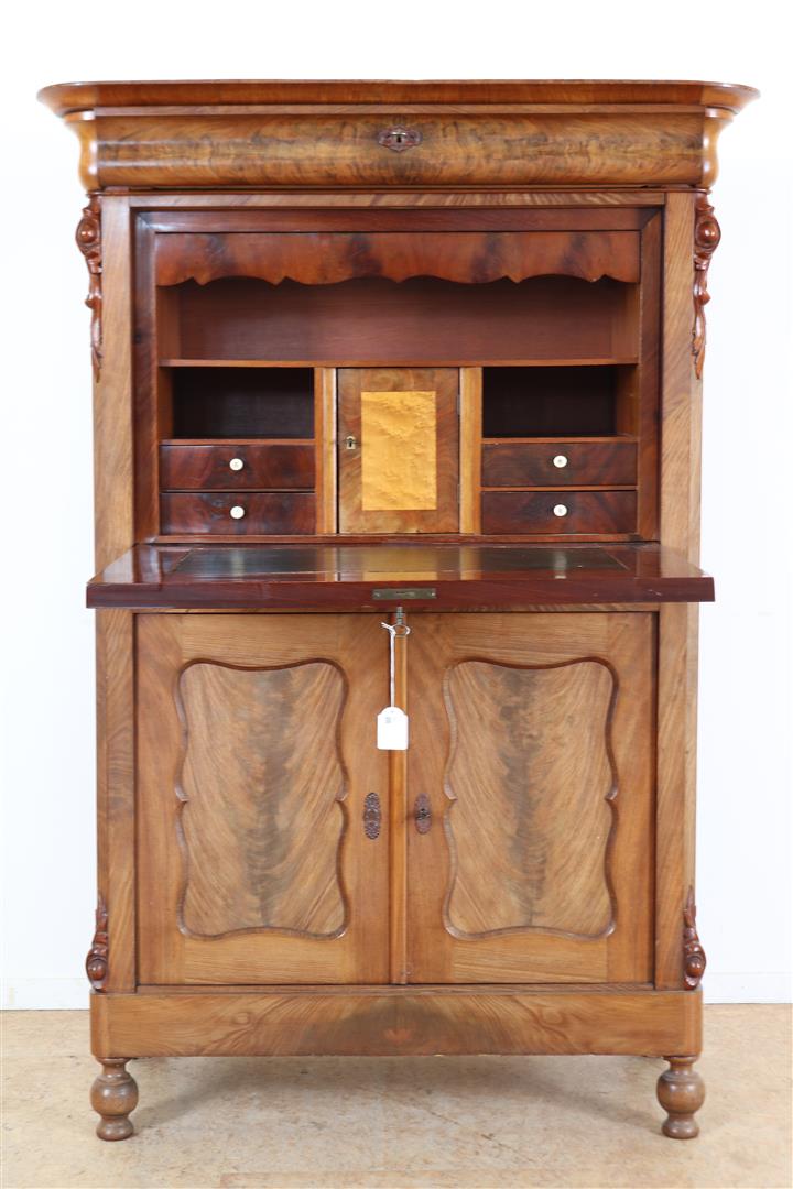 Mahogany Biedermeier secretaire abattant with plinth drawer and 2 panel doors, writing flap behind - Image 2 of 7