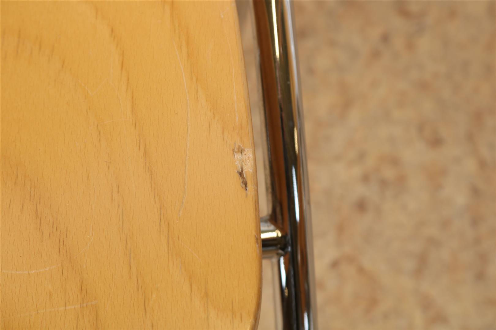 Series of 4 beech wood armchairs on chrome base, dated 2001. (damage on seats) - Image 5 of 8