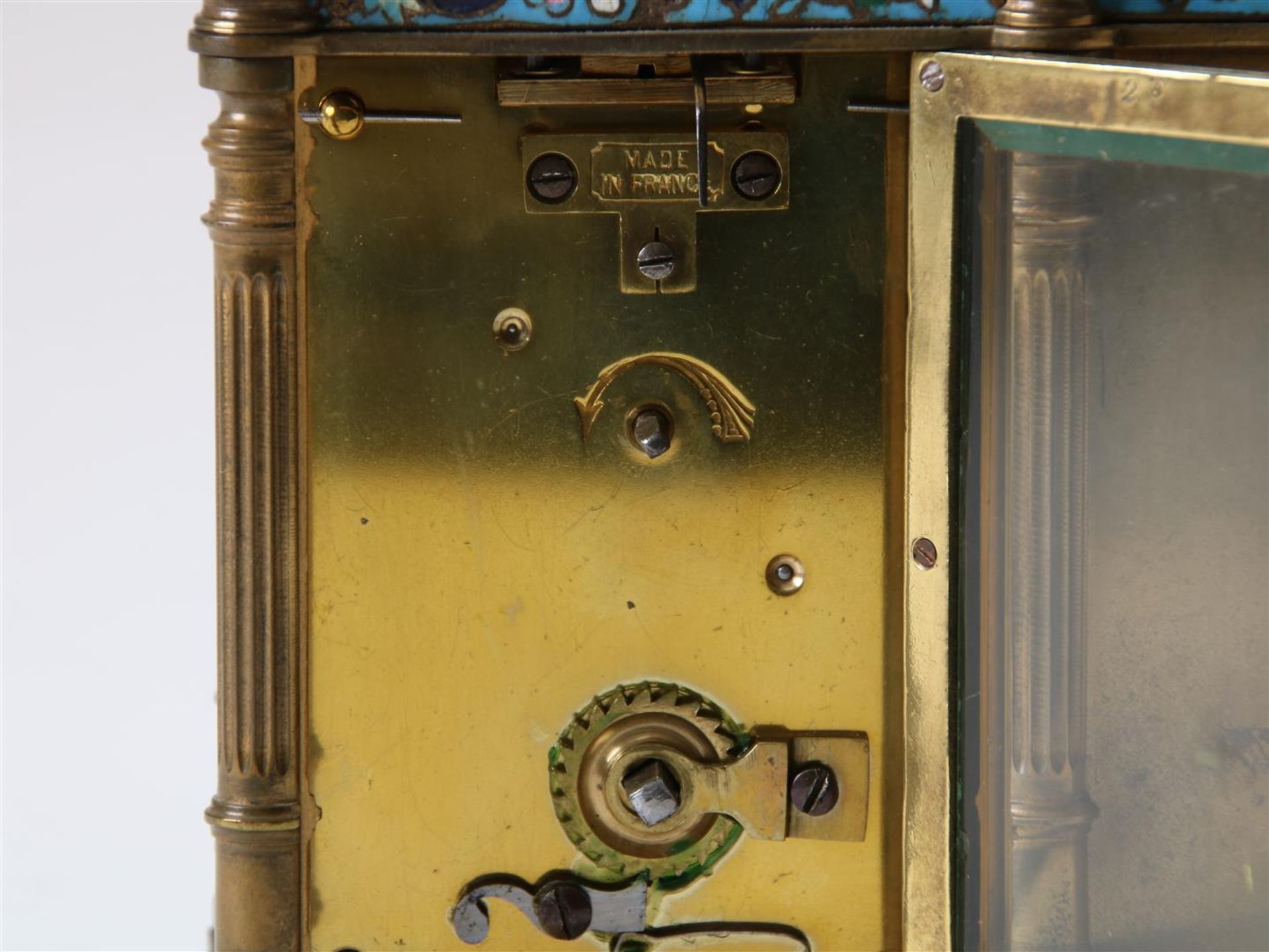 Gilt brass double 'compendium' travel clock, equipped with enamel dials with Roman numerals, - Image 6 of 8
