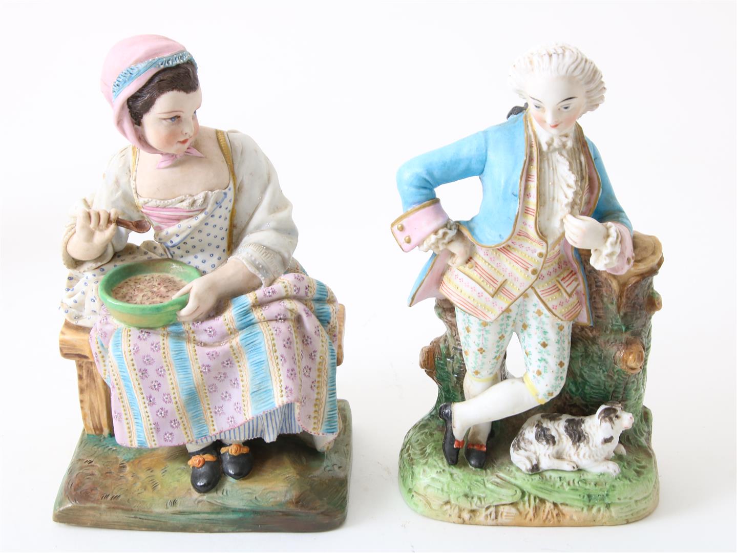 Lot of a polychrome biscuit porcelain sculpture group of 2 children with a dog on a chair, height 28 - Image 3 of 5