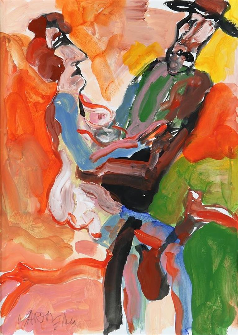 Anton Martineau (1926-2017) Tango dancers in orange, signed bottom left, gouache 70 x 50 cm.