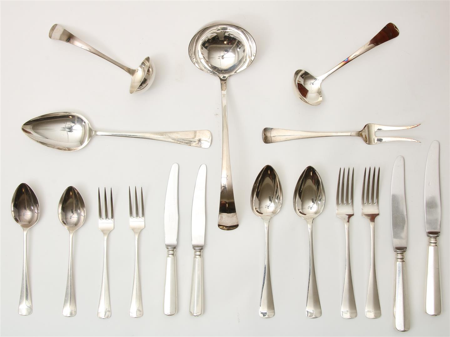 12 person silver cutlery in 3-layer wooden cassette, with small and large place settings including
