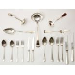 12 person silver cutlery in 3-layer wooden cassette, with small and large place settings including