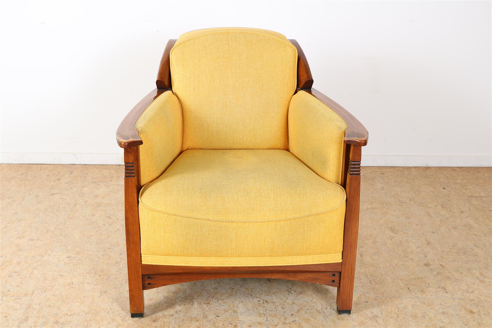 Oak Schuitema armchair with ocher yellow fabric upholstery (signs of use)