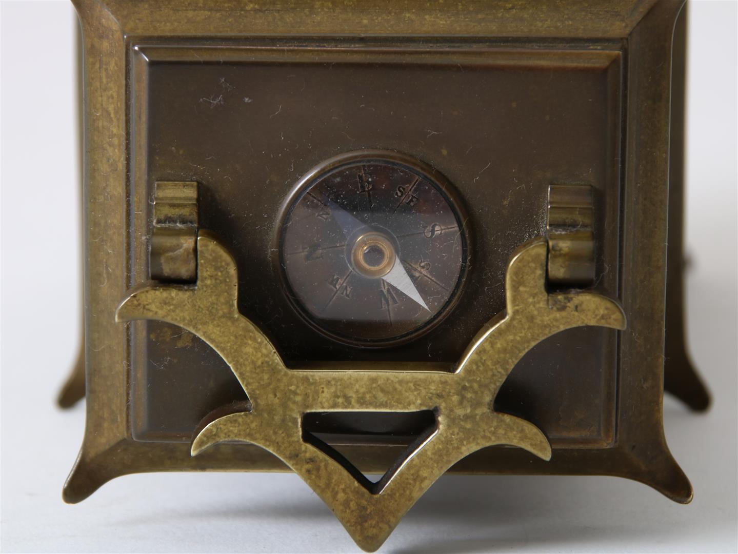 Gilt brass 'compendium' travel clock crowned with weather station, with white enamel dial with Roman - Image 7 of 7