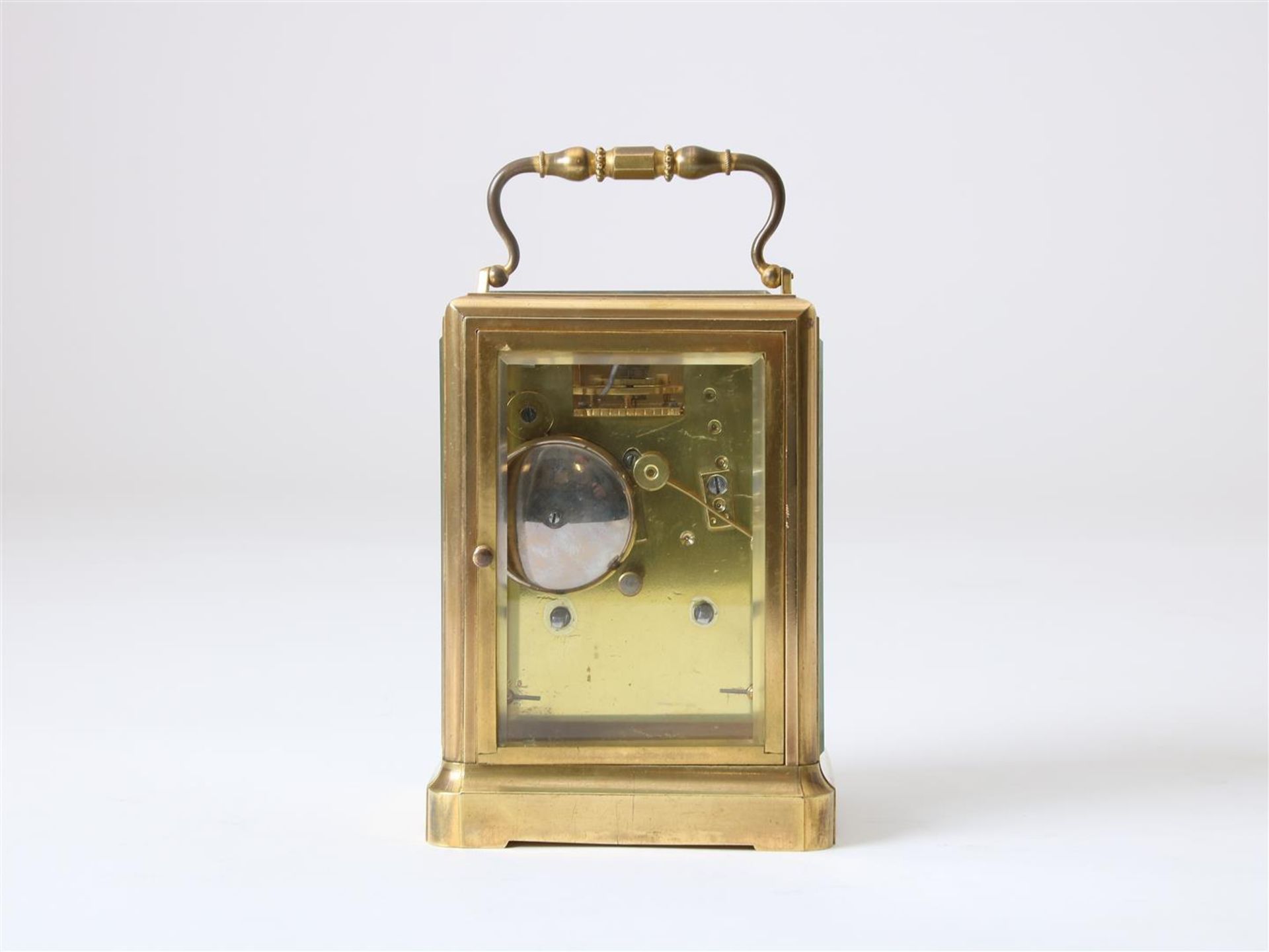 Gilt brass travel clock 'one-piece' with 'Jules escapement', enamel dial with Roman numerals, - Image 4 of 8