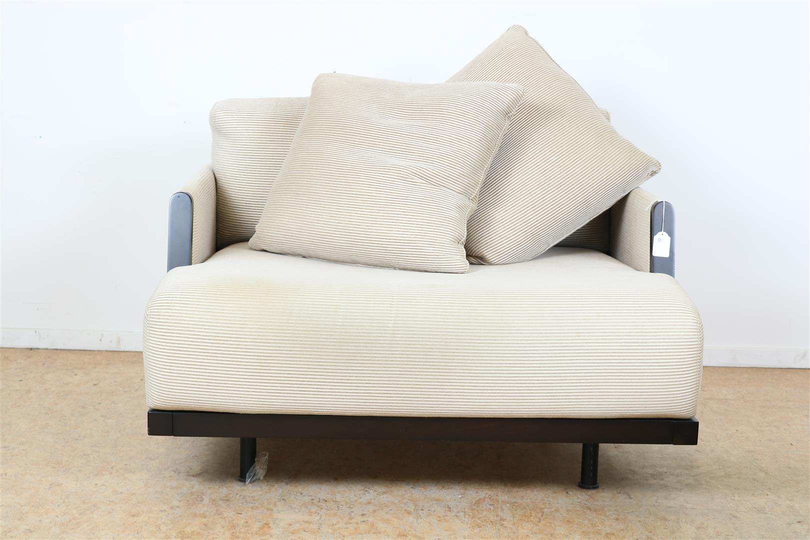 Designer armchair and stool with woodwork in dark brown stained beech on a black metal base, - Image 2 of 7