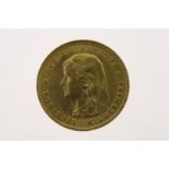 Gold tenner with image of Wilhelmina as a girl with hanging long hair, looking to the left, 1897,