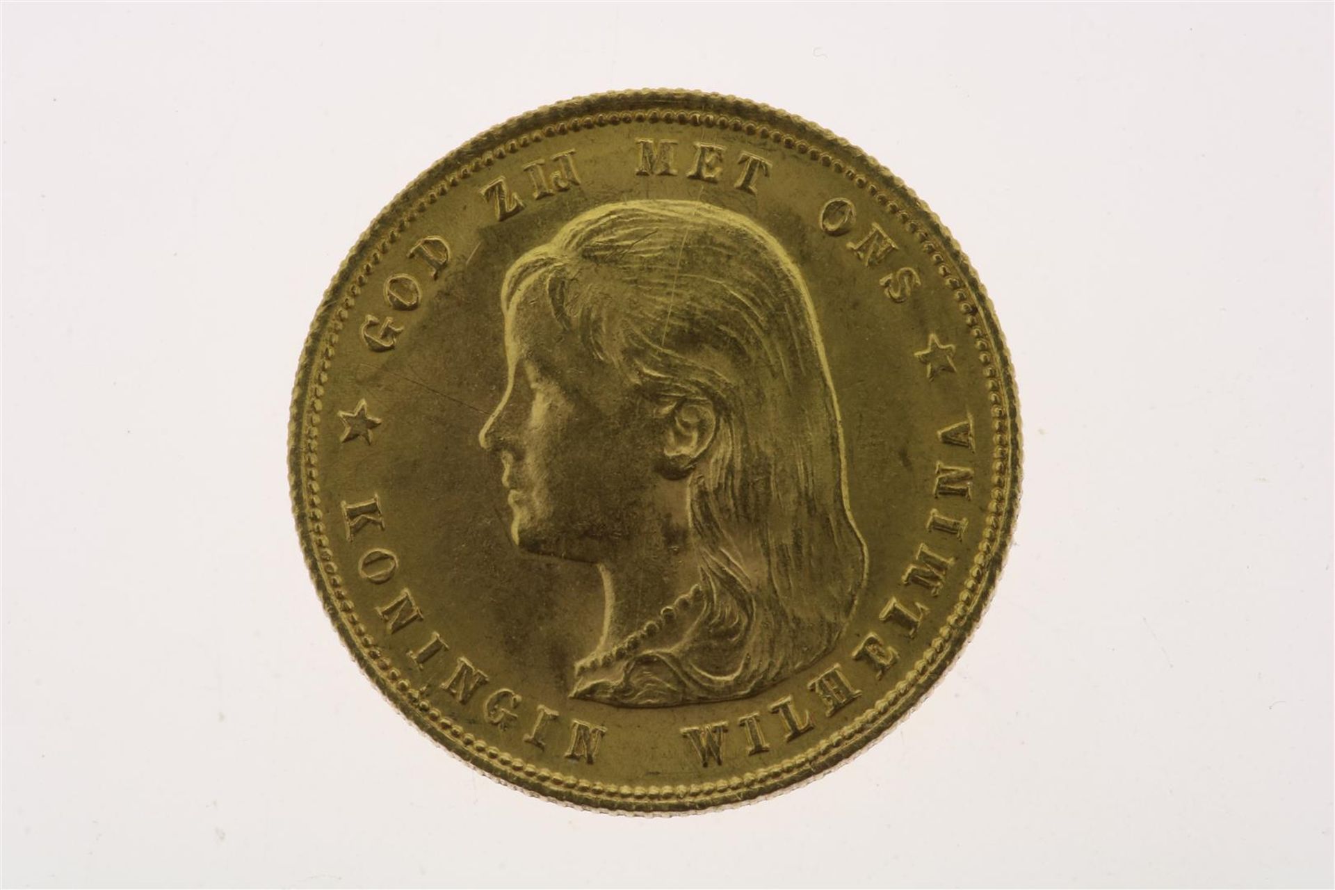 Gold tenner with image of Wilhelmina as a girl with hanging long hair, looking to the left, 1897,