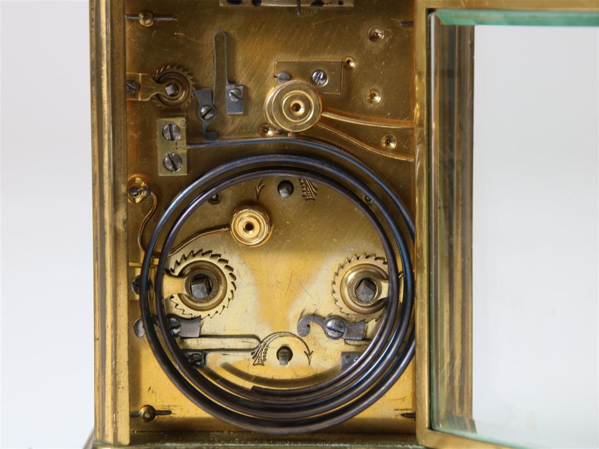 Gilt brass travel clock with enamel dial with Roman numerals and alarm clock with Arabic numerals, - Image 6 of 6