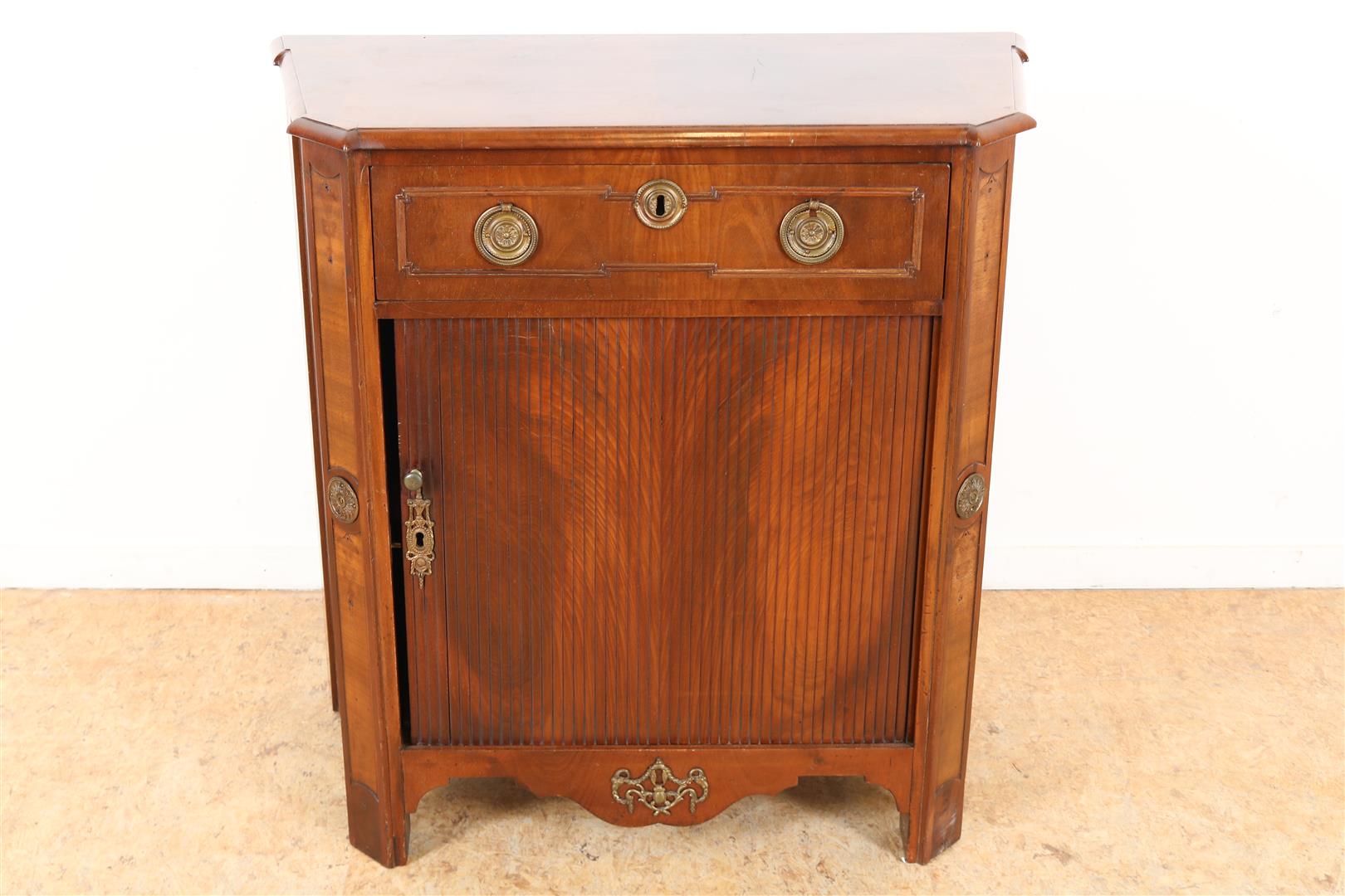 Mahogany Louis XVI pinant cabinet with sloping sides, roller door front and drawer, Holland ca.