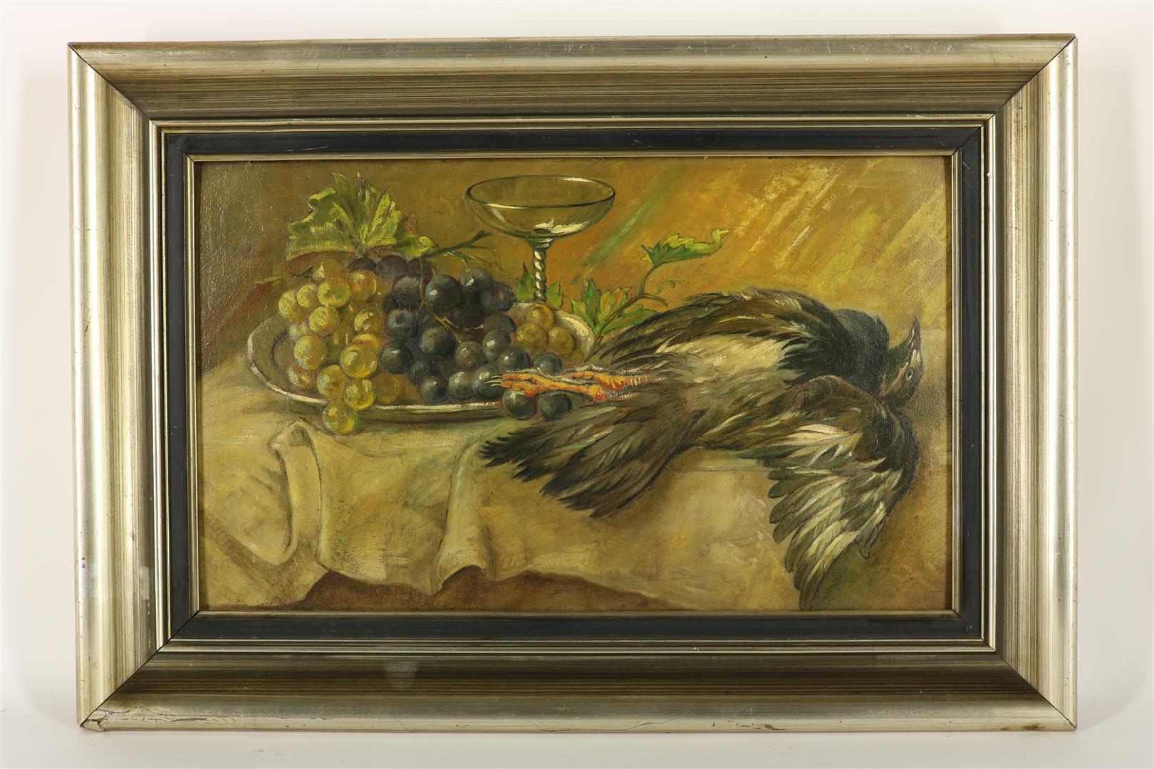 Still life with dead bird and grapes, not signed, board, 30 x 50 cm. - Image 2 of 3