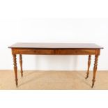 Mahogany Victorian console table with 2 drawers on turned legs with brass wheels, England ca.