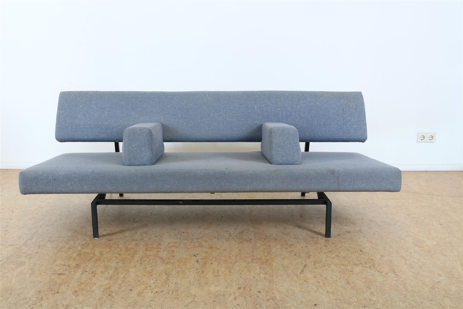 Designer sofa bed with gray wool upholstery and 2 loose cushions on a black base, Martin Visser,