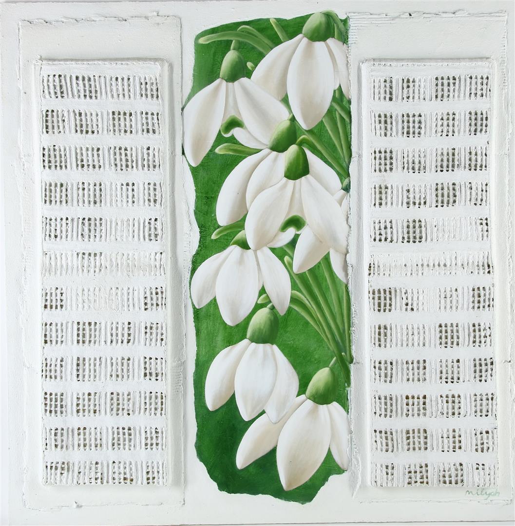 Snowdrops, signed Milyah bottom right, mixed media on board, 122 x 122 cm. Provenance: direct from