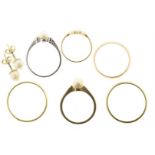 Lot of goldware consisting of yellow and white gold engagement rings and stud earrings, set with