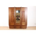Mahogany Art Deco linen cupboard with cut mirror in the door, flanked by 2 panel doors and 3