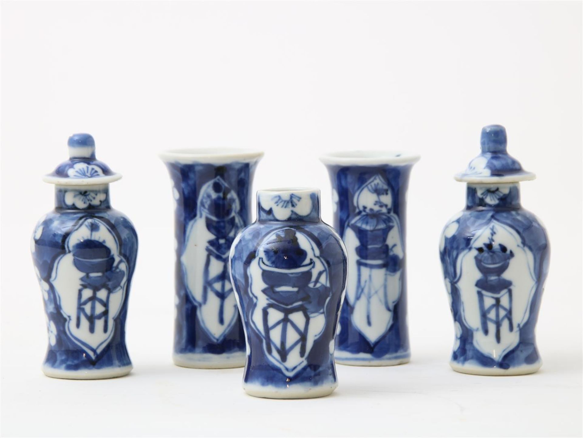 Porcelain miniature cupboard set, lidded vases and 2 tube vases decorated with cracked ice decor and - Image 2 of 4