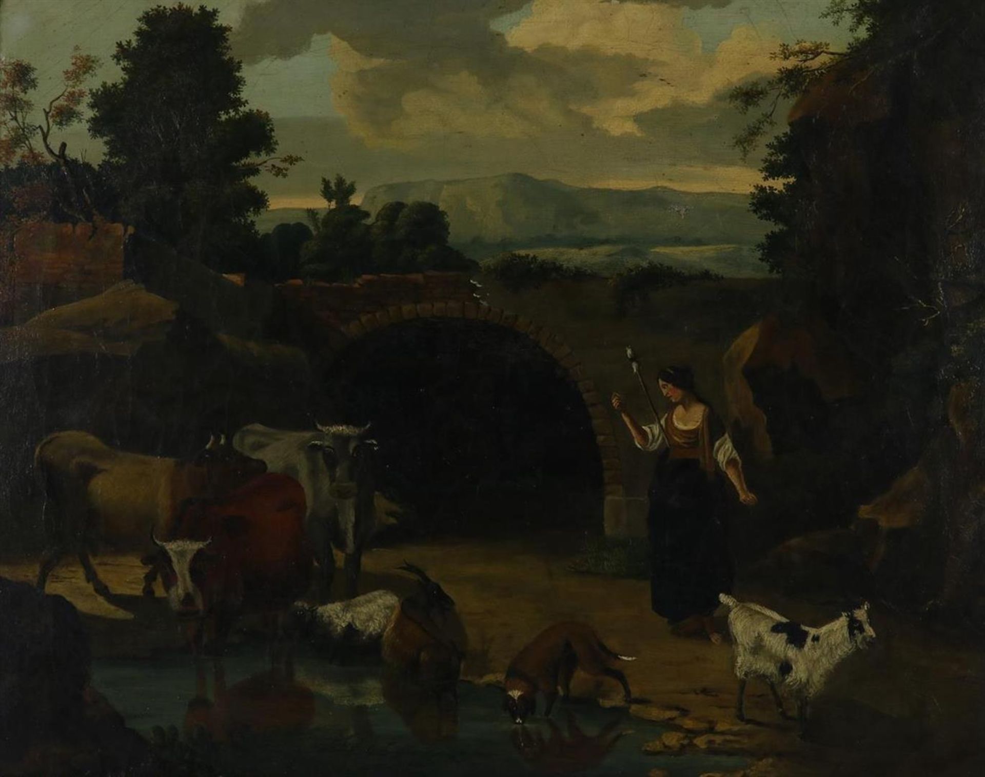 Italianizing landscape, shepherdess with cattle, unsigned, probably 18th century, oil on canvas,
