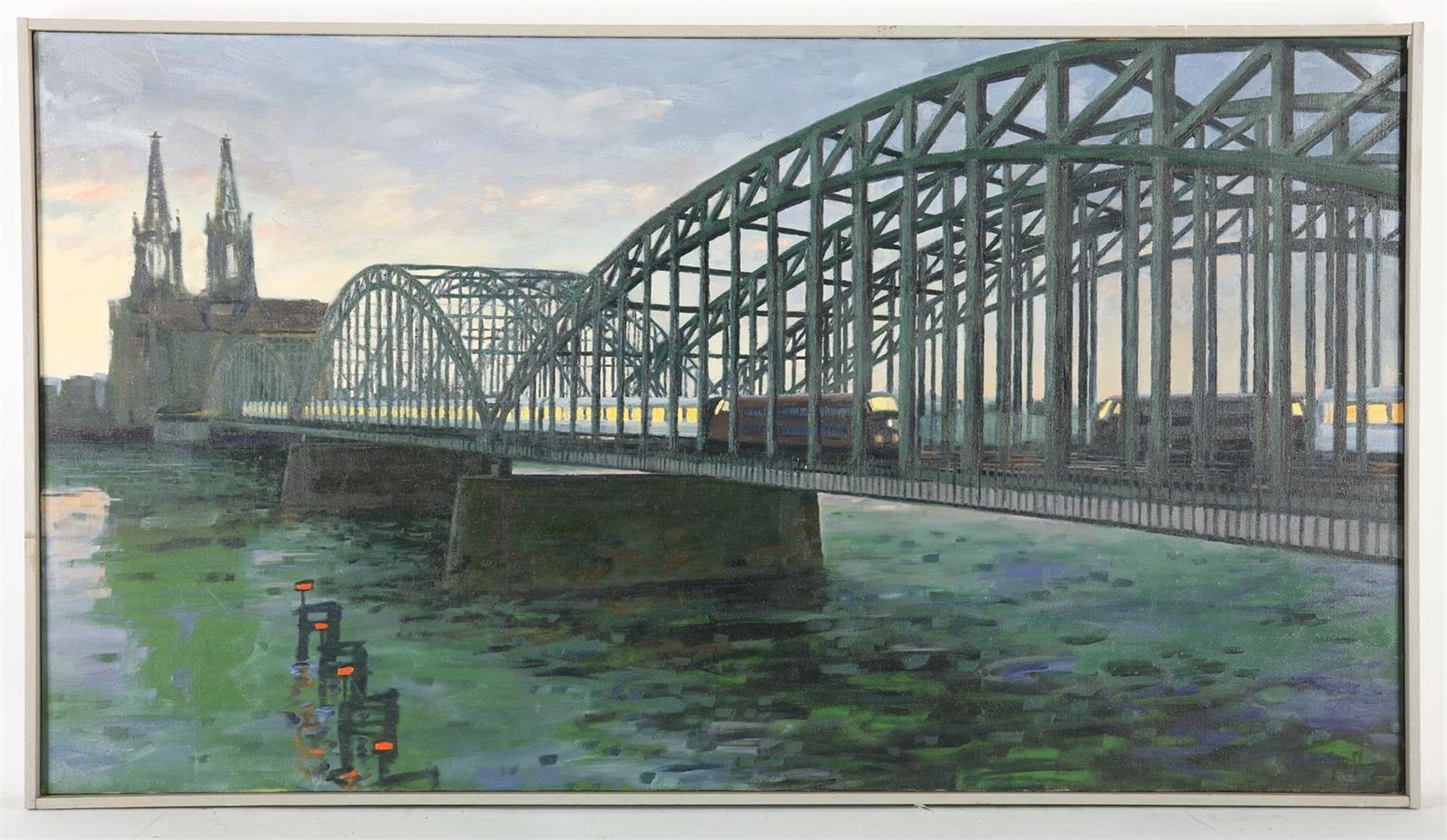 Mark Kevin Horton (1960-) Hohenzollernbrücke in Cologne, titled verso: Railway bridge over river - Image 2 of 4