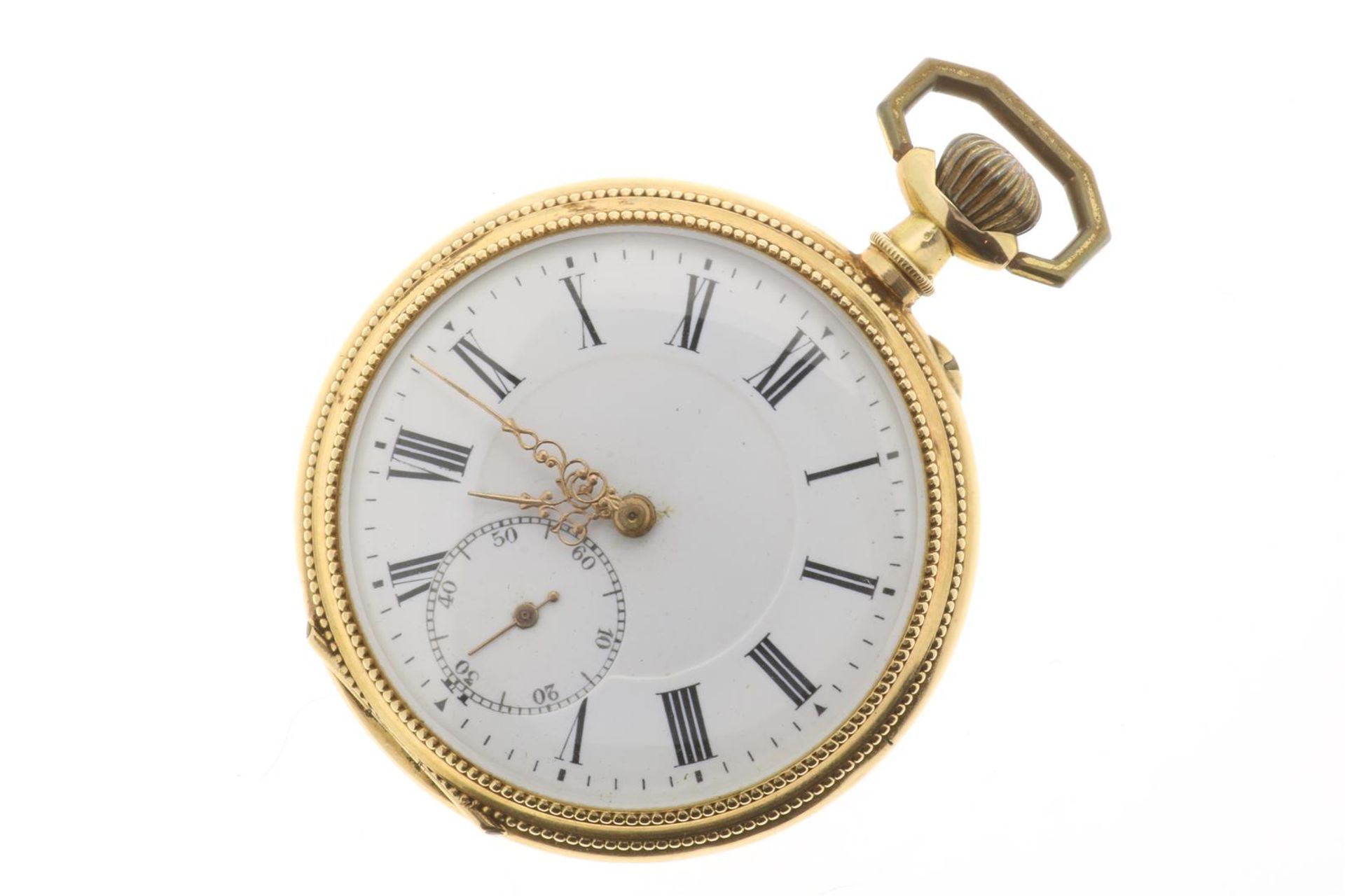 Pocket watch, set in a partly gold case, with enamel dial and Roman numerals, with inscription and