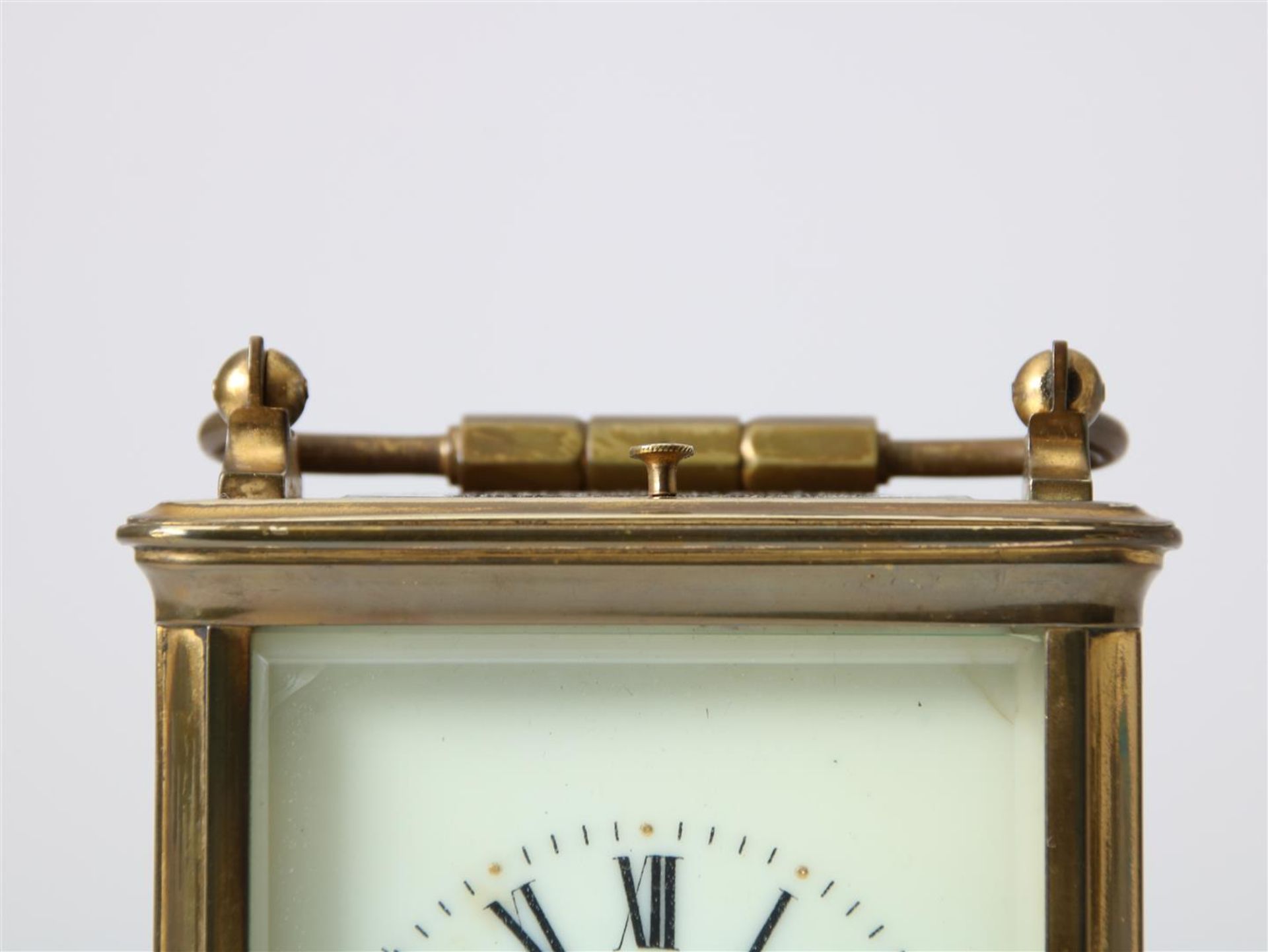 Gilt brass travel clock with enamel dial with Roman numerals and alarm clock with Arabic numerals, - Image 3 of 6