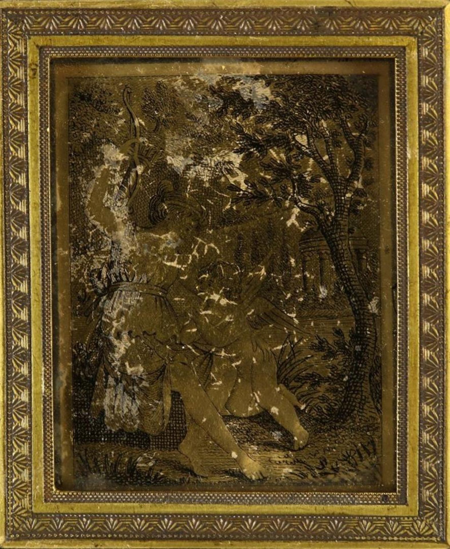 European school (c.1800), Venus and Cupid in landscape, Verre églomisé behind glass engraving, 5.5 x