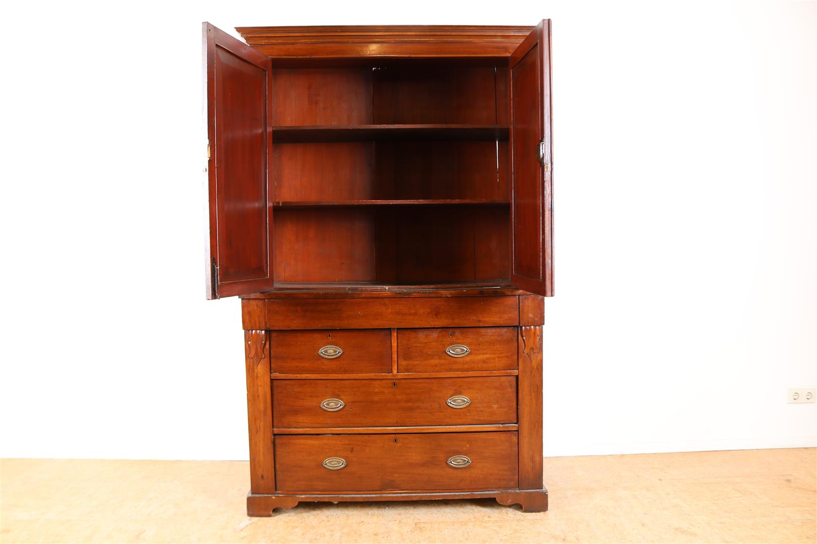 Mahogany cabinet with straight hood, 2 panel doors and 4 drawers, 19th century, 197 x 125 x 52 cm. - Image 2 of 4