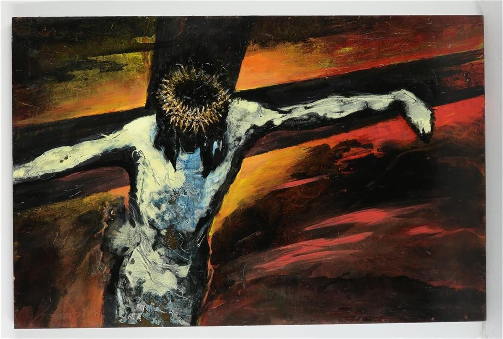 Ninke Kast (1926-2022) Jesus on the cross, signed and dated 2009 on the reverse, board 80 x 122cm. - Image 2 of 3