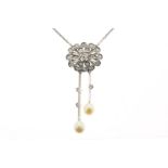 White gold necklace with a pendant pendant set with cultured pearls and diamonds, approximately 0.25