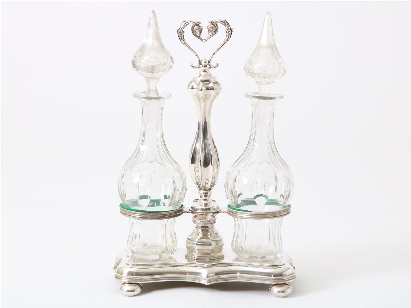 Silver oil and vinegar set with 2 decanters