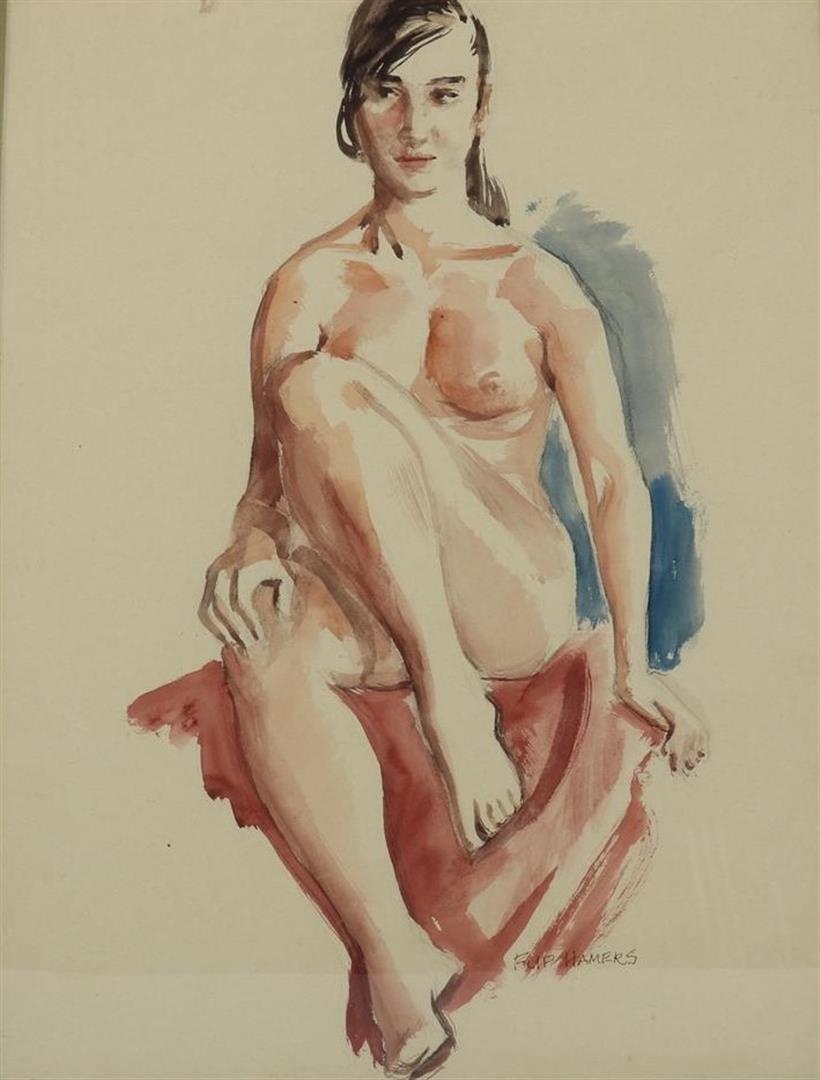 Flip Hamers (1909-1995) Naked lady, signed lower right, watercolor on paper 64 x 49 cm.