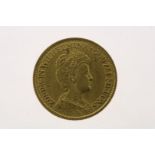 Gold tenner with image of Wilhelmina with updo hair, in an ermine cloak, looking to the right, 1913,