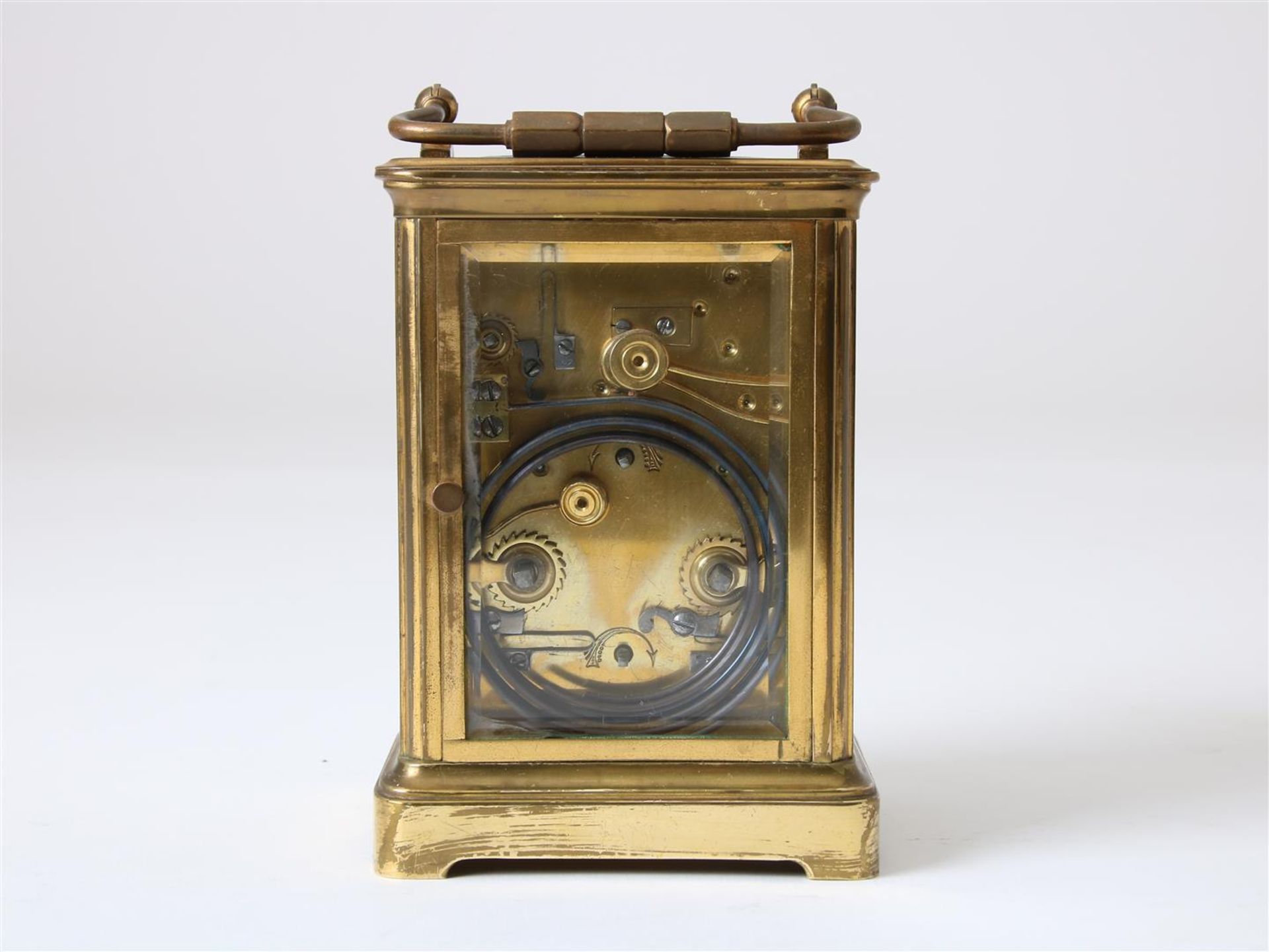 Gilt brass travel clock with enamel dial with Roman numerals and alarm clock with Arabic numerals, - Image 4 of 6