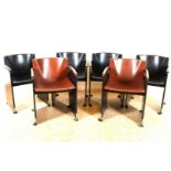 Series of 6 designer armchairs with leather upholstery, (2x brown and 4x black) on wheels,