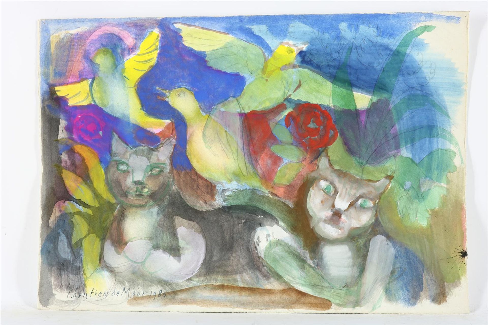 Christian de Moor (1899-1981) Figurative with cats and birds, signed and dated 1980 lower left, - Image 2 of 4