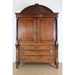 Oak Drenthe cabinet with carved round crest with garlands and flower basket, 2 panel doors flanked