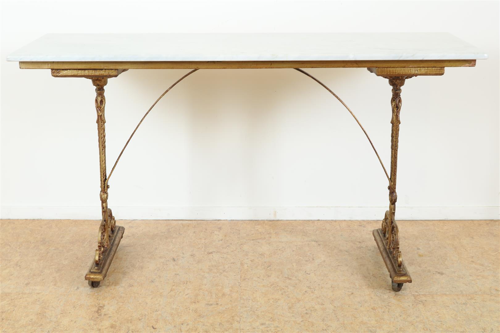 Serving table on gilded cast iron base with leaves and tendrils relief with original marble top on