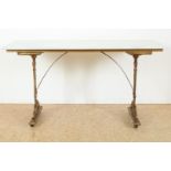 Serving table on gilded cast iron base with leaves and tendrils relief with original marble top on