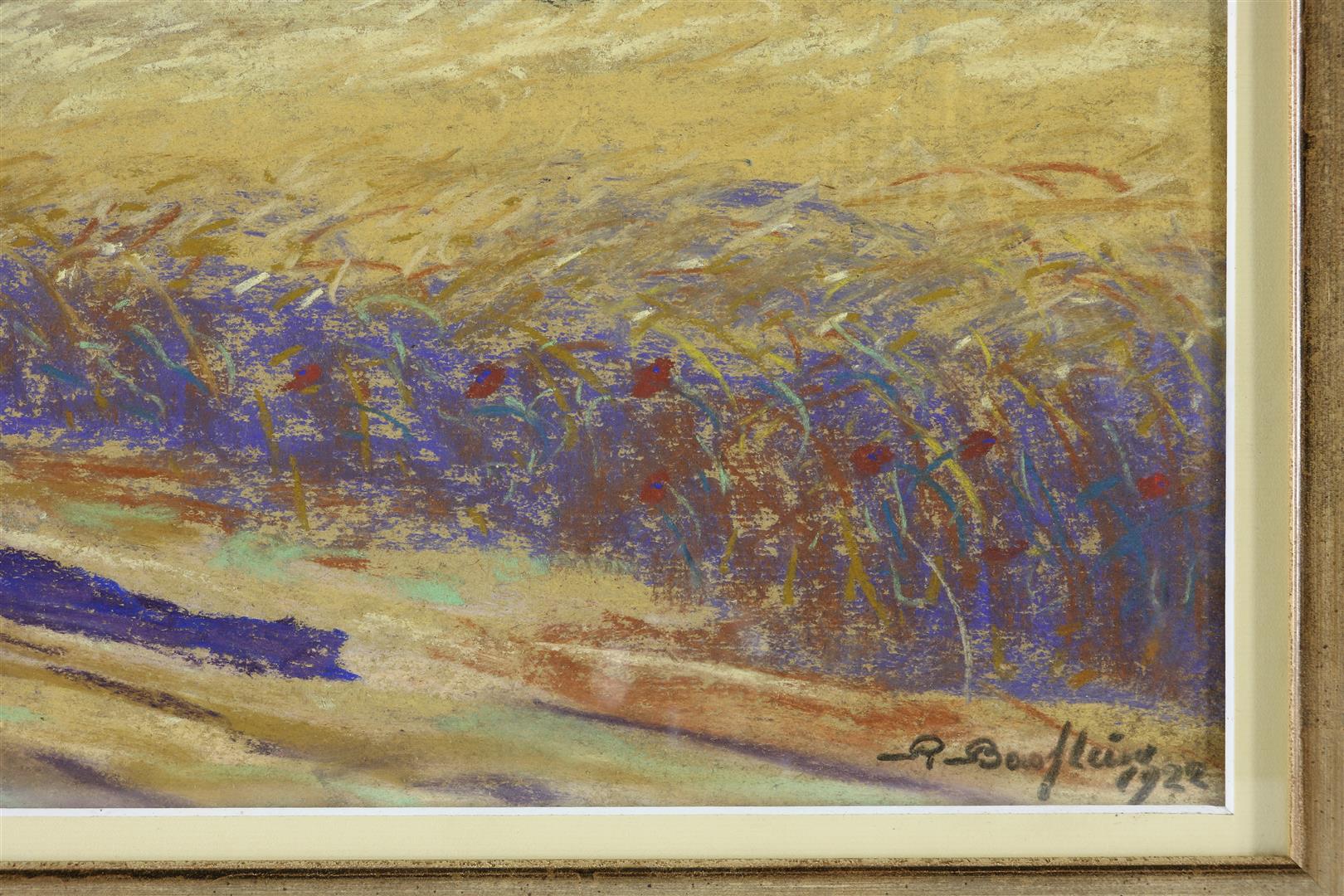 Farmer and man plowing along the cornfields, unclearly signed and dated 1922 lower right, gouache 40 - Image 7 of 8