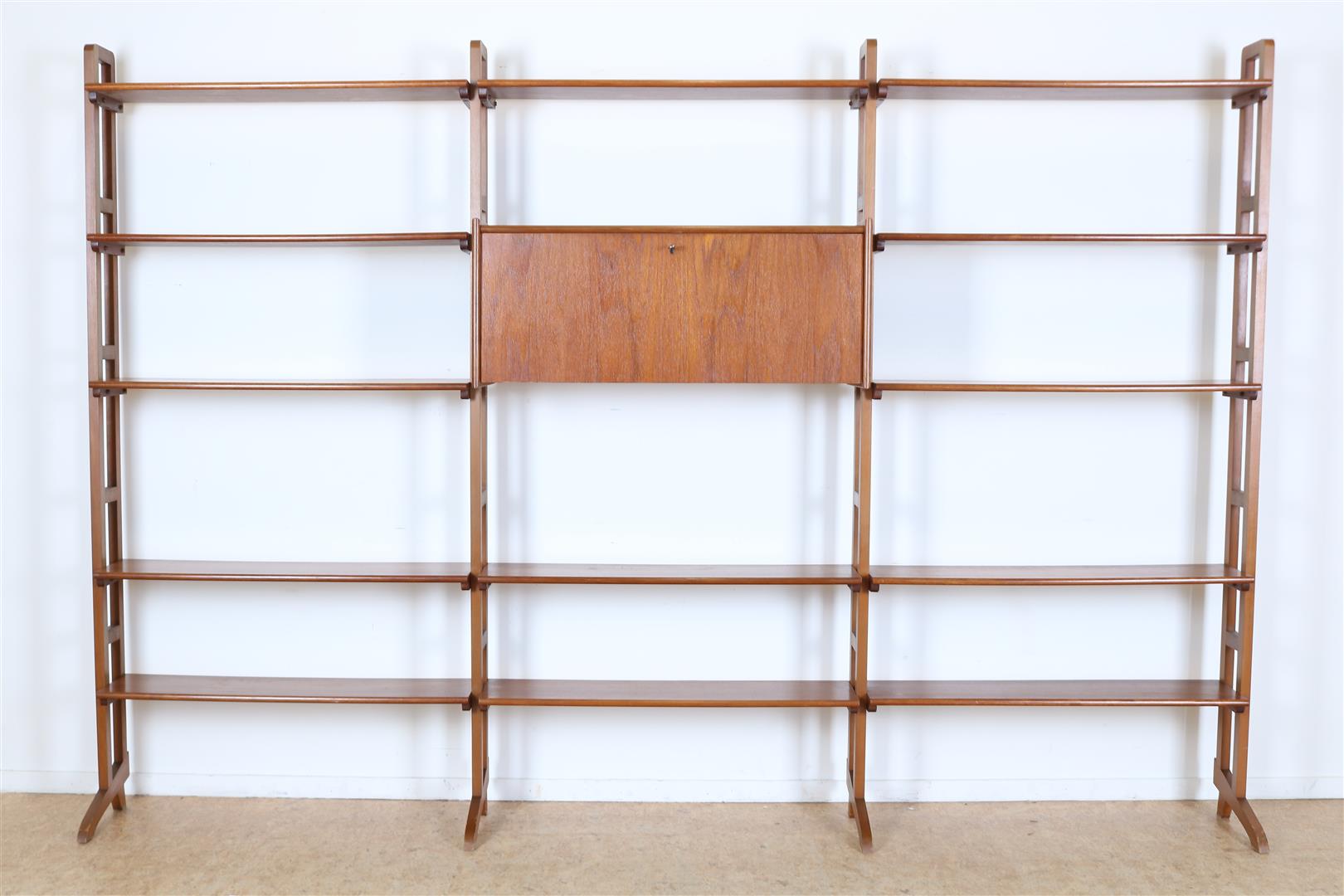Teak vintage open bookcase with flap door, Denmark 1960s, 189 x 280 x 35 cm.