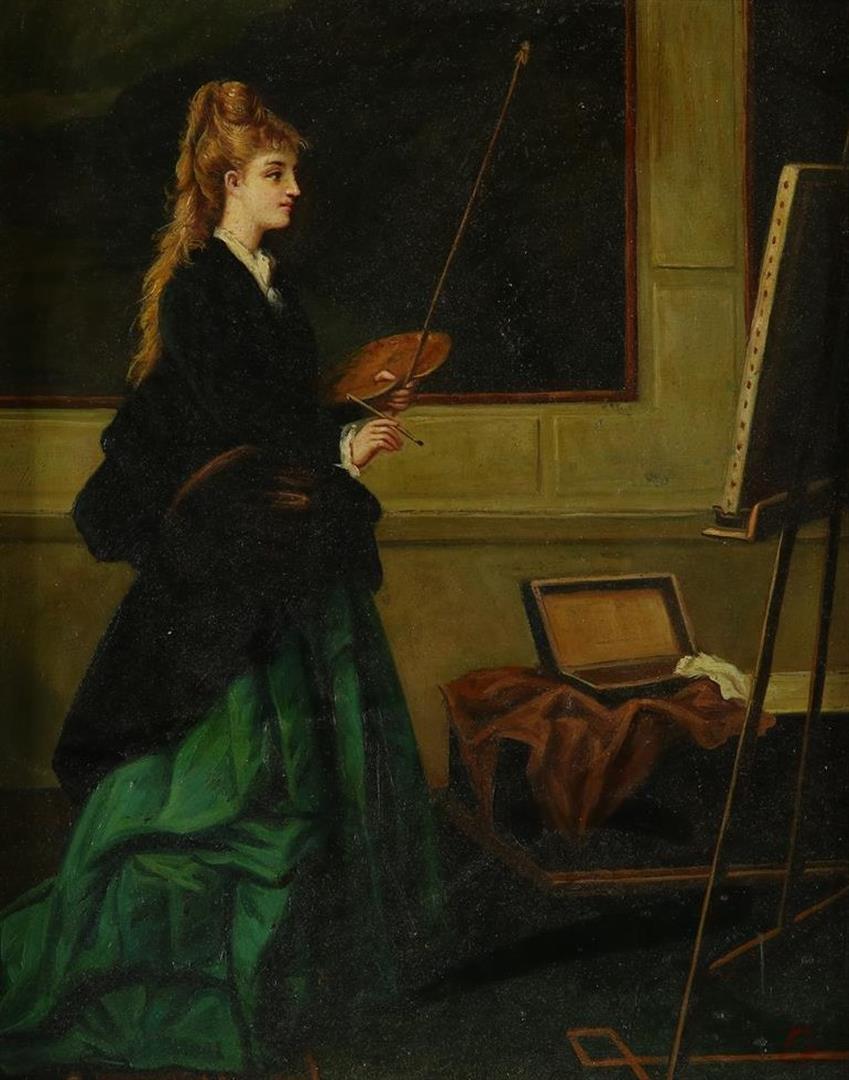 Dutch school early 20th century, young painter in an interior, signed lower right?, panel 25 x 20.
