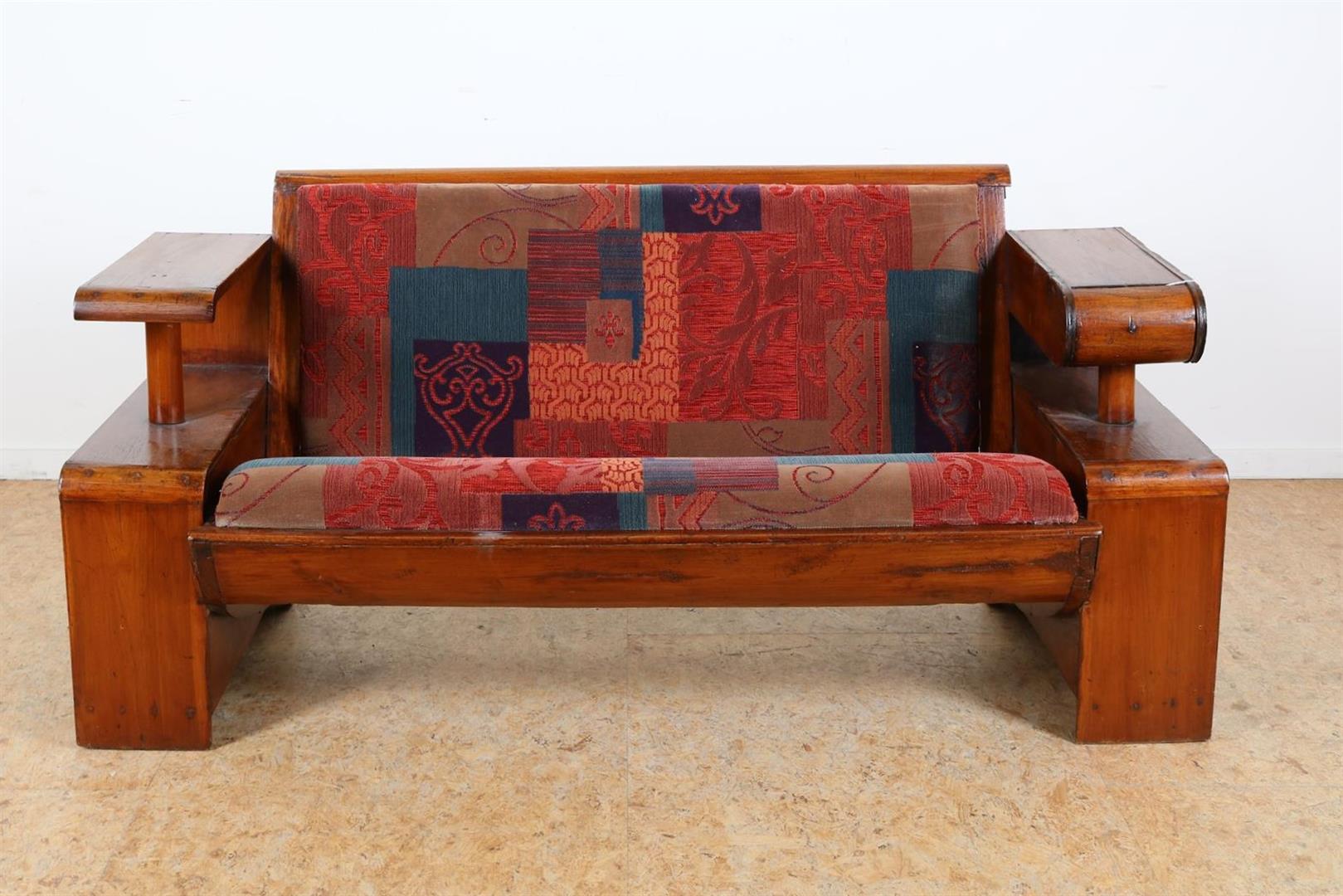 Teak Art Deco sofa with bookcases and drawer in armrest with colored velvet upholstery, Indonesia
