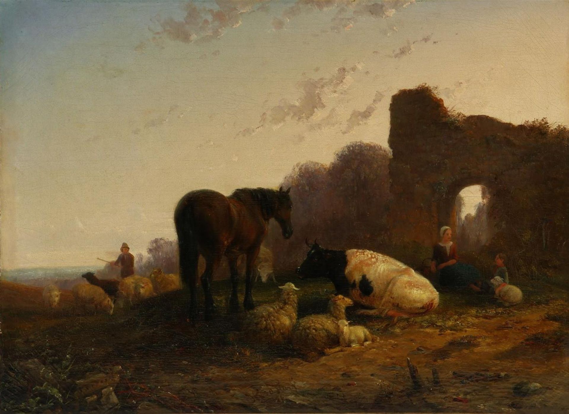 Helmert Richard van der Flier (1827-1899) Heath with shepherd and cattle, signed bottom center.
