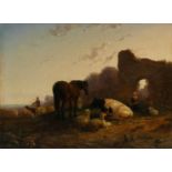 Helmert Richard van der Flier (1827-1899) Heath with shepherd and cattle, signed bottom center.