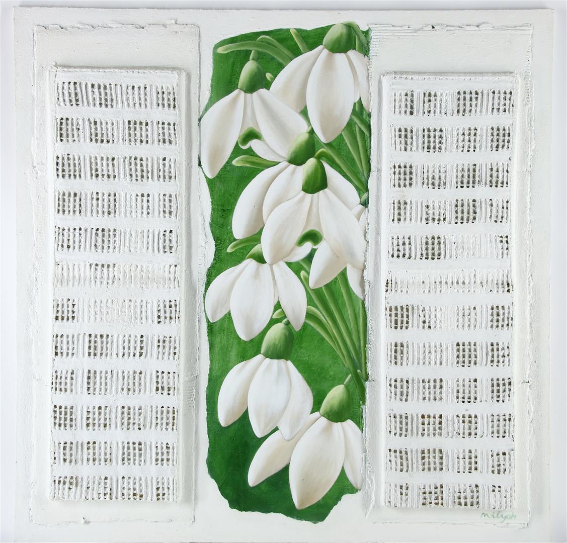 Snowdrops, signed Milyah bottom right, mixed media on board, 122 x 122 cm. Provenance: direct from - Image 2 of 5