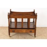 Oak magazine rack, so-called Canterbury with mahogany drawer, England, 53 x 56 x 36 cm.